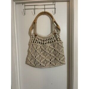 Universal Thread White Crochet Macrame Handbag with Bamboo Handle Large Purse
